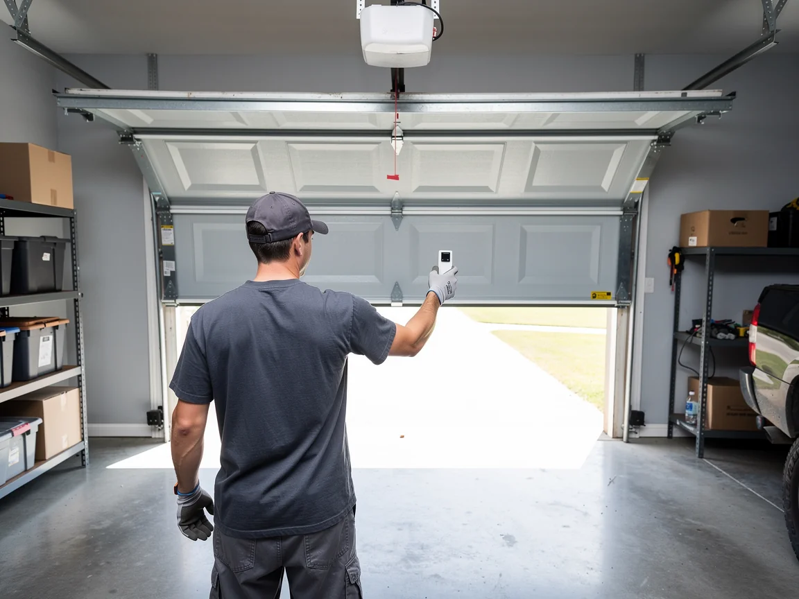 A technician in a gray shirt and cap holds a remote, facing an open garage door.