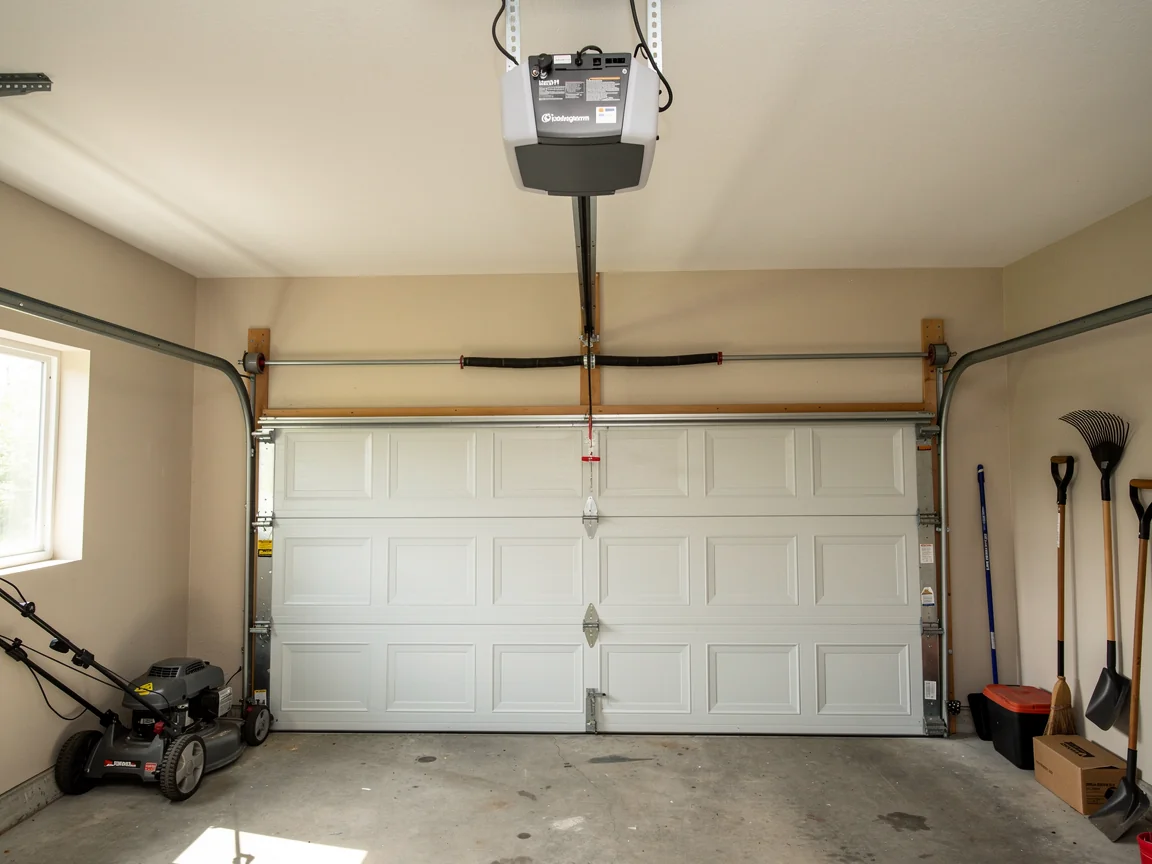 A white garage door is closed with an opener and torsion spring visible above.