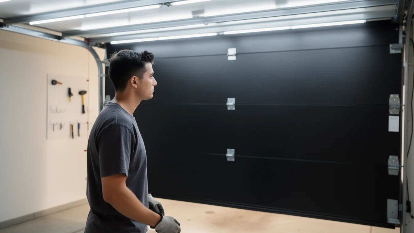 A technician in gloves stands in front of a black garage door.