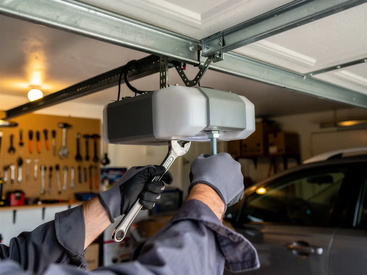 A technician adjusts a garage door opener with a wrench.