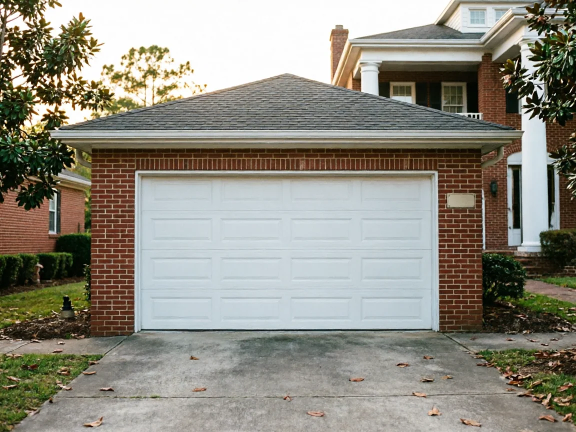 A white paneled garage door is on a brick house with a gray roof.