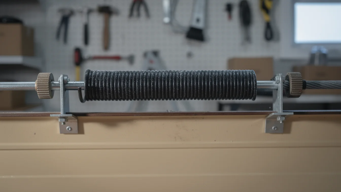 A black torsion spring is mounted on a metal garage door.